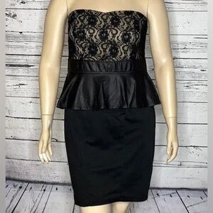 Torrid Plus Size Black Floral Faux Leather Peplum Sweetheart Strapless Dress